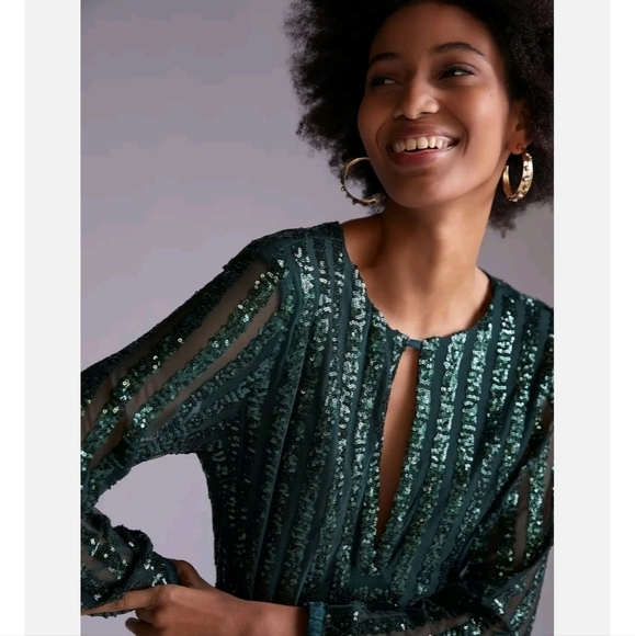 NEW ANTHROPOLOGIE SEQUINED OPEN-BACK MINI GREEN DRESS - Picture 3 of 7